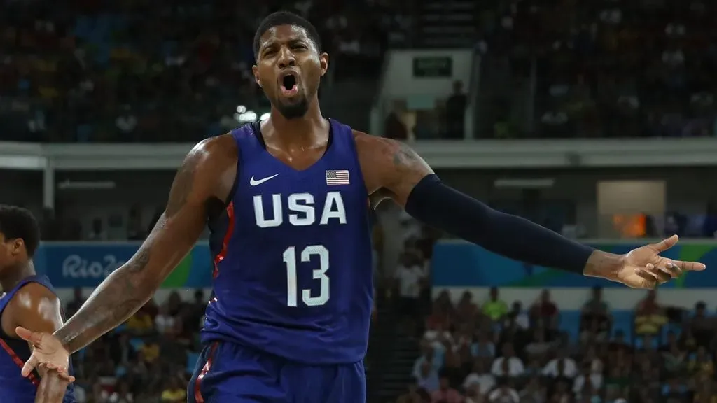 Paul George #13 of United States reacts during the Men’s Semifinal match against Spain on Day 14 of the Rio 2016 Olympic Games at Carioca Arena 1 on August 19, 2016 in Rio de Janeiro, Brazil.