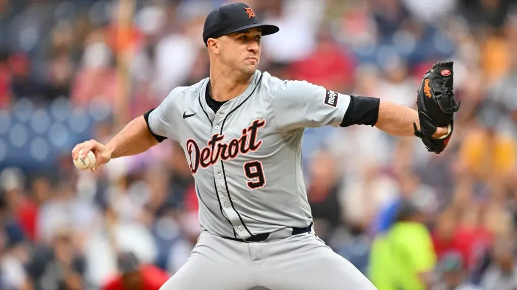Starter Jack Flaherty #9 of the Detroit Tigers pitches in the first inning against the Cleveland Guardians at Progressive Field on July 24, 2024 in Cleveland, Ohio. (Photo by Jason Miller/Getty Images)