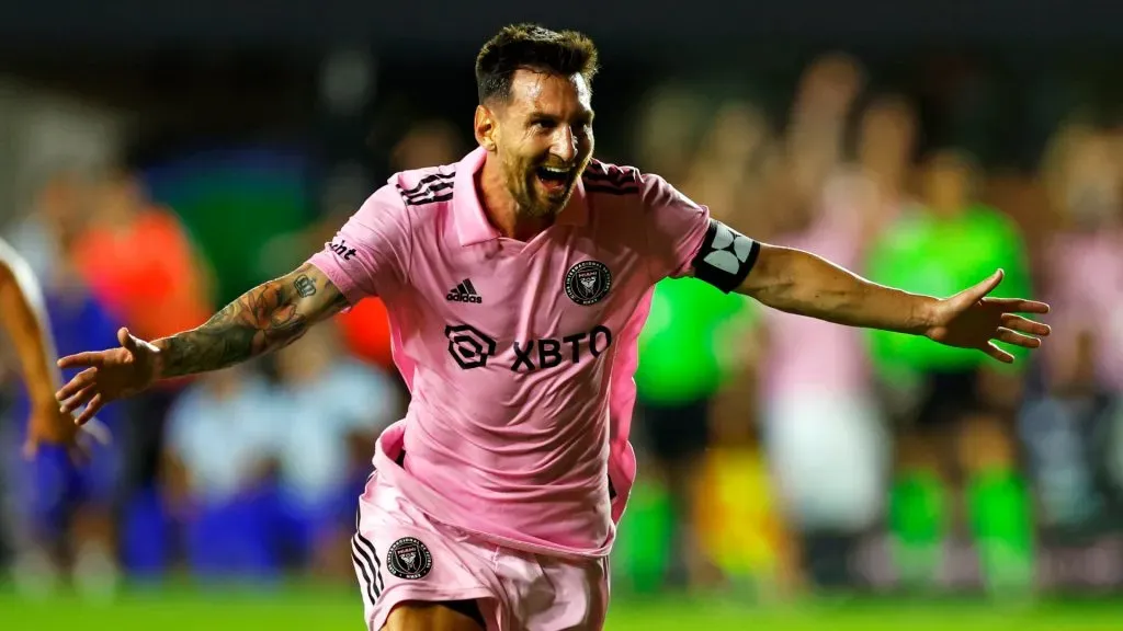 Lionel Messi #10 of Inter Miami CF celebrates after kicking the game winning goal during the second half of the Leagues Cup 2023 match between Cruz Azul and Inter Miami CF at DRV PNK Stadium on July 21, 2023 in Fort Lauderdale, Florida.