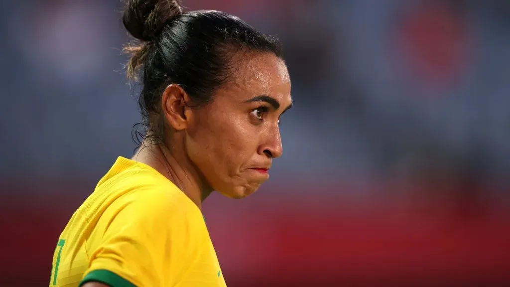 Marta #10 of Team Brazil looks on during the Women’s Quarter Final match between Canada and Brazil on day seven of the Tokyo 2020 Olympic Games at Miyagi Stadium on July 30, 2021 in Rifu, Miyagi, Japan.