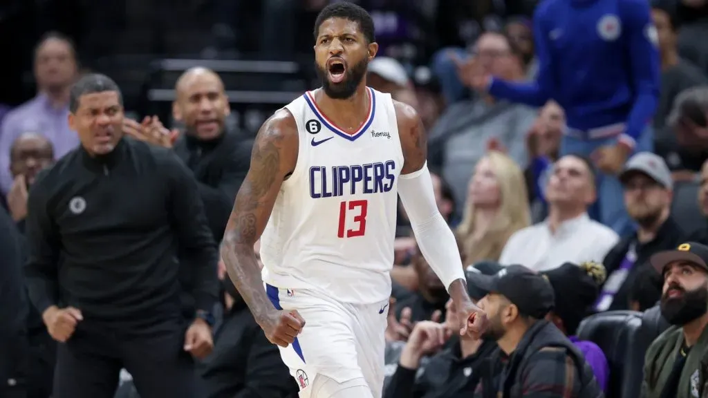 Paul George #13 of the LA Clippers reacts during their game against the Sacramento Kings at Golden 1 Center on March 03, 2023 in Sacramento, California. (Photo by Ezra Shaw/Getty Images)