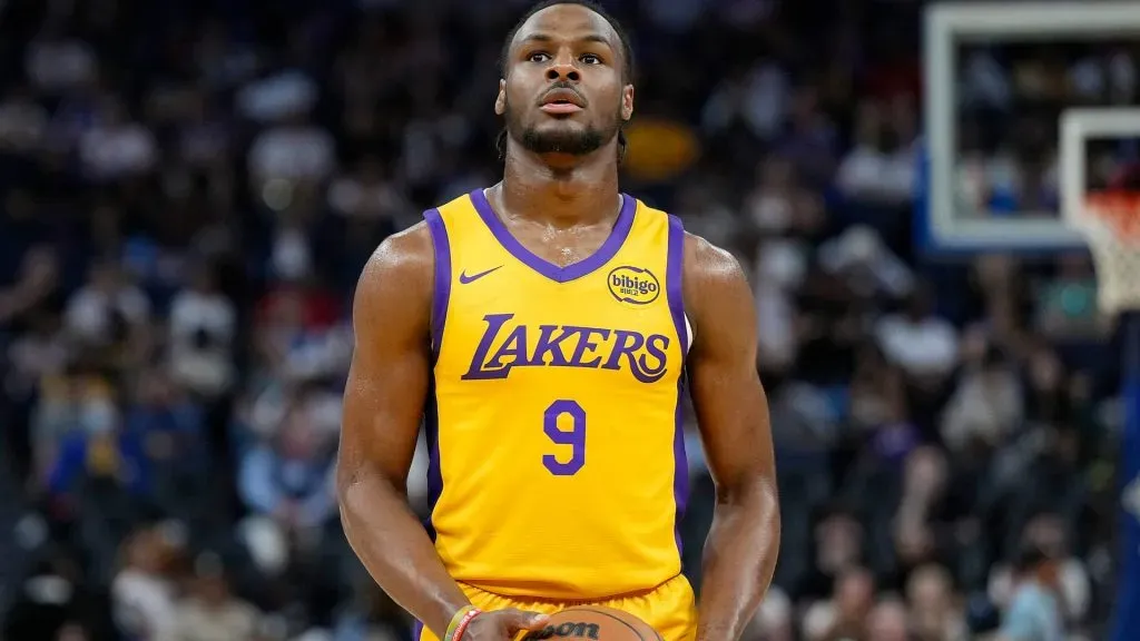 Bronny James Jr. #9 of the Los Angeles Lakers shoots a foul shot against the Sacramento Kings during the second half of the 2024 California Classic summer league game at Chase Center on July 06, 2024 in San Francisco, California.