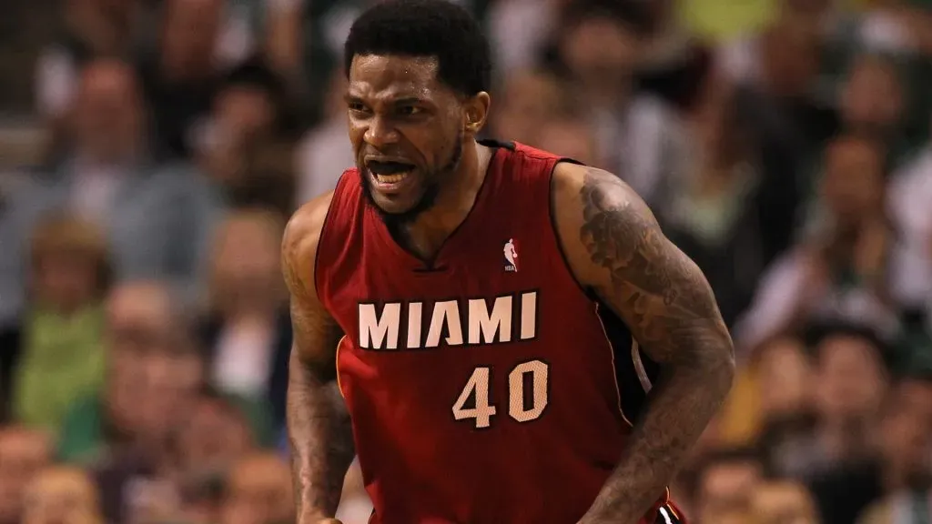 Udonis Haslem #40 of the Miami Heat reacts in the first half against the Boston Celtics in Game Six of the Eastern Conference Finals in the 2012 NBA Playoffs on June 7, 2012 at TD Garden in Boston, Massachusetts.