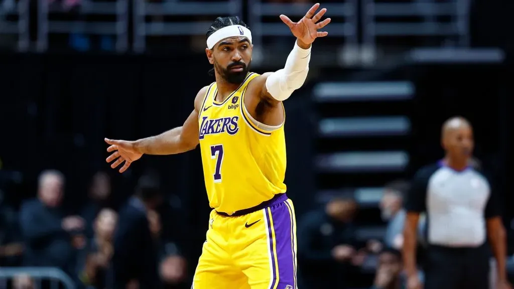 Gabe Vincent #7 of the Los Angeles Lakers in the second half at Honda Center on October 11, 2023 in Anaheim, California. (Photo by Ronald Martinez/Getty Images)