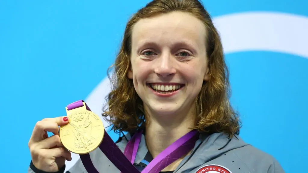 Gold medallist Katie Ledecky of the United States poses on the podium during the medal ceremony for the Women’s 800m Freestyle on Day 7 of the London 2012 Olympic Games at the Aquatics Centre on August 3, 2012 in London, England.