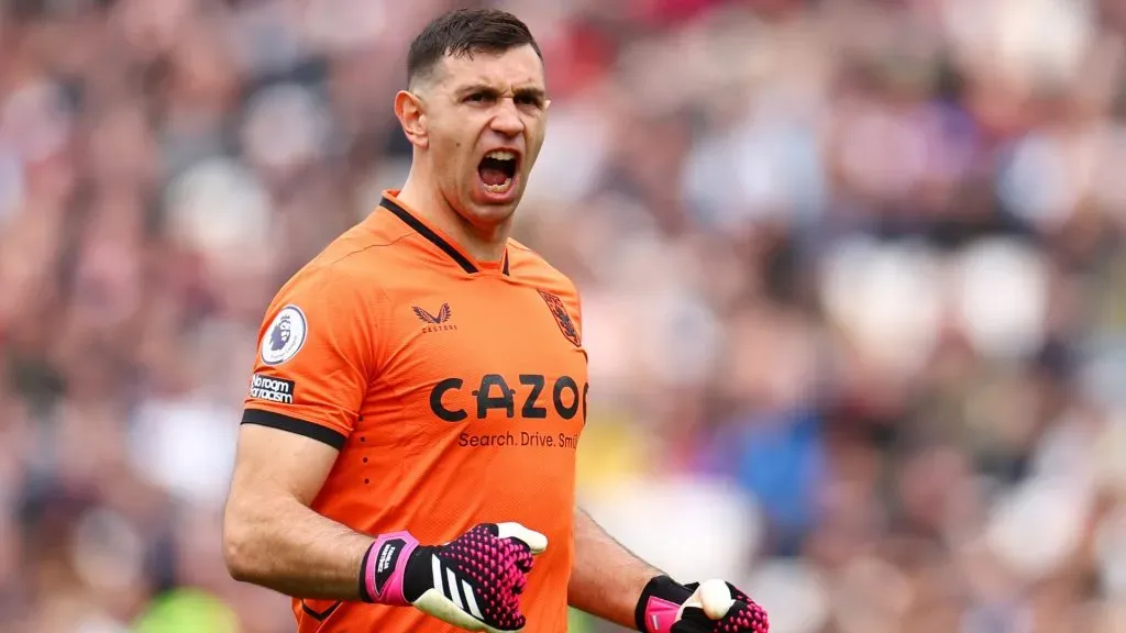 Emiliano Martinez of Aston Villa celebrates the team’s first goal during the Premier League match between West Ham United and Aston Villa at London Stadium on March 12, 2023 in London, England.