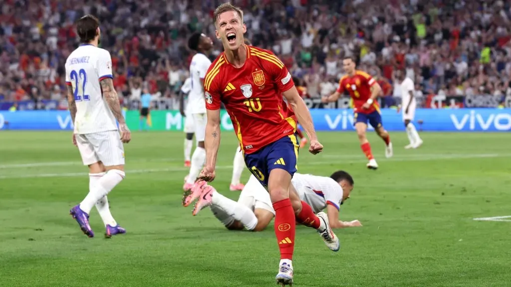 Dani Olmo of Spain celebrates scoring his team’s second goal during the UEFA EURO 2024 Semi-Final match between Spain and France at Munich Football Arena on July 09, 2024 in Munich, Germany. (Photo by Alex Livesey/Getty Images)