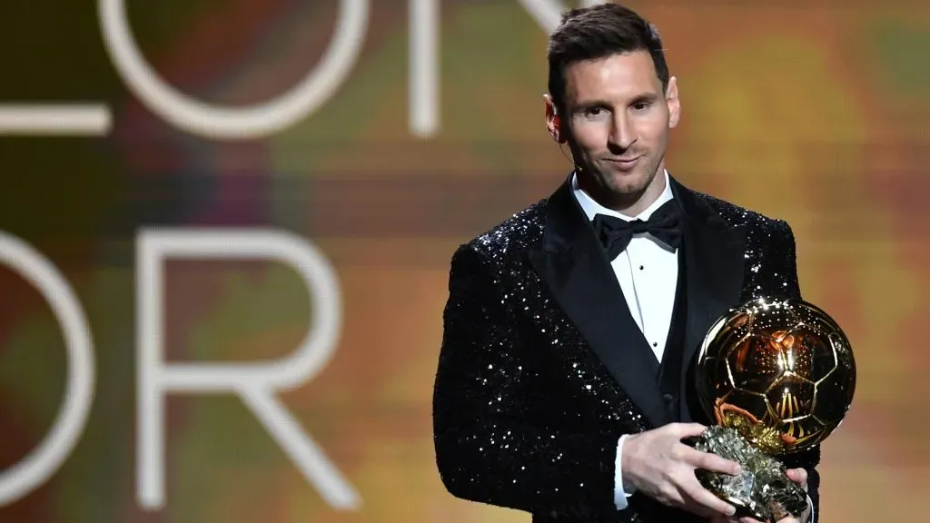 Lionel Messi is awarded with his seventh Ballon D’Or award during the Ballon D’Or Ceremony at Theatre du Chatelet on November 29, 2021 in Paris, France. (Photo by Aurelien Meunier/Getty Images)