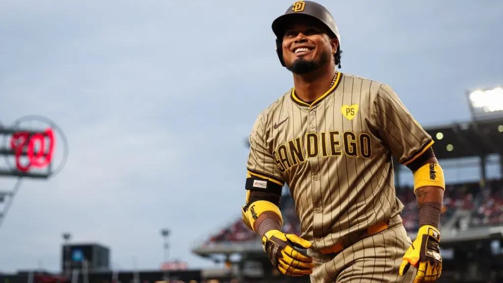 Luis Arraez #4 of the San Diego Padres smiles after hitting a solo home run against the Washington Nationals during the fifth inning at Nationals Park on July 23, 2024 in Washington, DC. (Photo by Scott Taetsch/Getty Images)