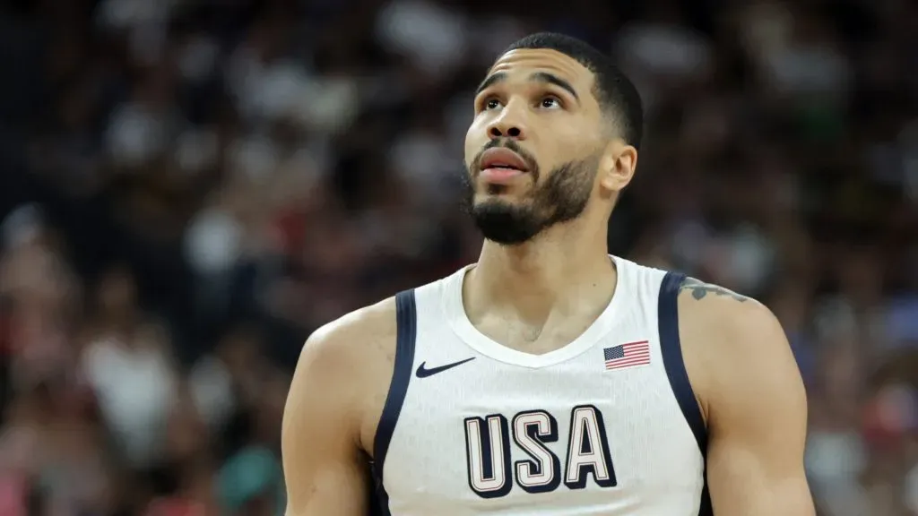 Jayson Tatum #10 of the United States walks on the court during a break in the second half of an exhibition game against Canada ahead of the Paris Olympic Games.