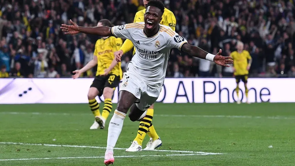 Soccer Champions League Final Borussia Dortmund Real Madrid on 01 06 2024 at Wembley Stadium in LondonGoal celebration to 0 2 by Vinicius Junior. IMAGO / Revierfoto