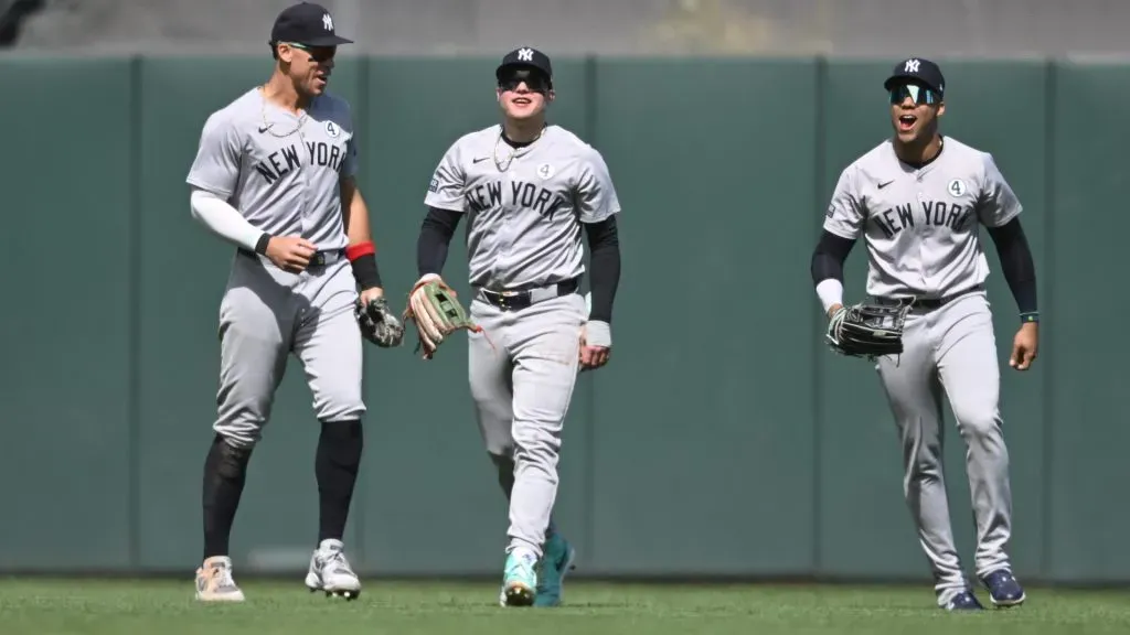 Alex Verdugo #24, Aaron Judge #99 and Juan Soto #22 of the New York Yankees celebrate a 7-5 win over the San Francisco Giants at Oracle Park on June 2, 2024 in San Francisco, California. (Photo by Brandon Vallance/Getty Images)