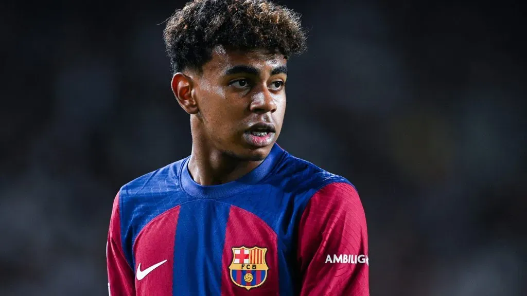 Lamine Yamal of FC Barcelona looks on during the UEFA Champions League match between FC Barcelona and Royal Antwerp FC at Estadi Olimpic Lluis Companys on September 19, 2023 in Barcelona, Spain.