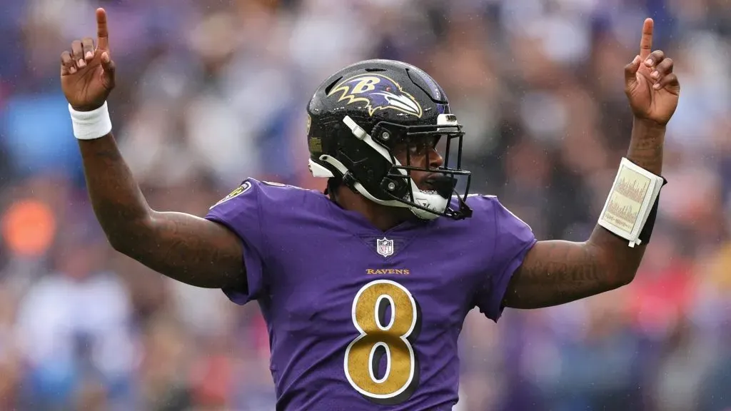 Quarterback Lamar Jackson #8 of the Baltimore Ravens celebrates after teammate J.K. Dobbins #27 scored a touchdown in the first quarter against the Buffalo Bills at M&T Bank Stadium on October 02, 2022 in Baltimore, Maryland.