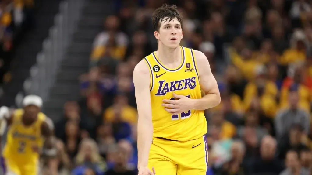 Austin Reaves #15 of the Los Angeles Lakers celebrates after a three point basket during the third quarter in game one of the Western Conference Semifinal Playoffs against the Golden State Warriors at Chase Center on May 02, 2023 in San Francisco, California.