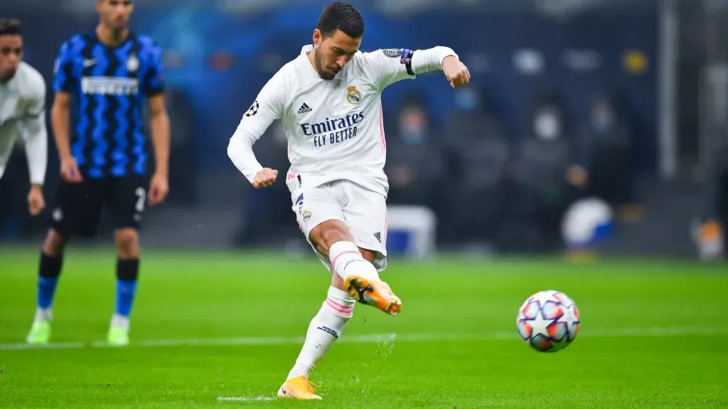 Eden Hazard of Real Madrid scores their team’s first goal from the penalty spot during the UEFA Champions League Group B stage match between FC Inter and Real Madrid. Valerio Pennicino/Getty Images