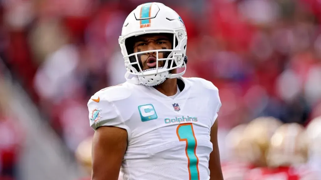 Tua Tagovailoa #1 of the Miami Dolphins celebrates after throwing a touchdown pass during the first quarter against the San Francisco 49ers at Levi’s Stadium on December 04, 2022 in Santa Clara, California.