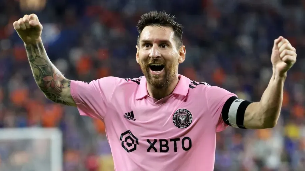 Lionel Messi #10 of Inter Miami CF celebrates after teammate Leonardo Campana #9 scored his second goal against the FC Cincinnati during the second half in the 2023 U.S. Open Cup semifinal match at TQL Stadium on August 23, 2023 in Cincinnati, Ohio.