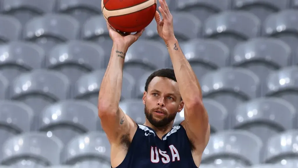 Stephen Curry of Team United States takes a shot during the Basketball training session ahead of the Paris 2024 Olympic Games on July 24, 2024 in Lille, France.