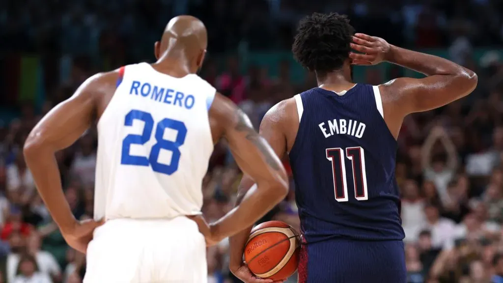 Joel Embiid #11 of Team United States gestures towards the crowd that booed him. Gregory Shamus/Getty Images