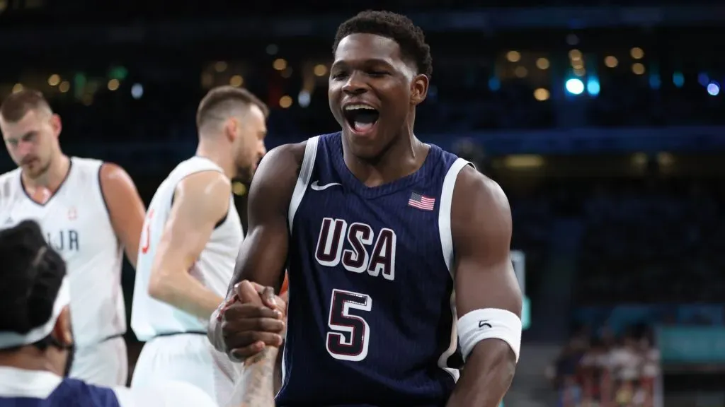 Anthony Edwards #5 of Team United States reacts during the second half of the Men’s Group Phase – Group C game between Serbia and the United States on day two of the Olympic Games Paris 2024 at Stade Pierre Mauroy on July 28, 2024 in Lille, France.
