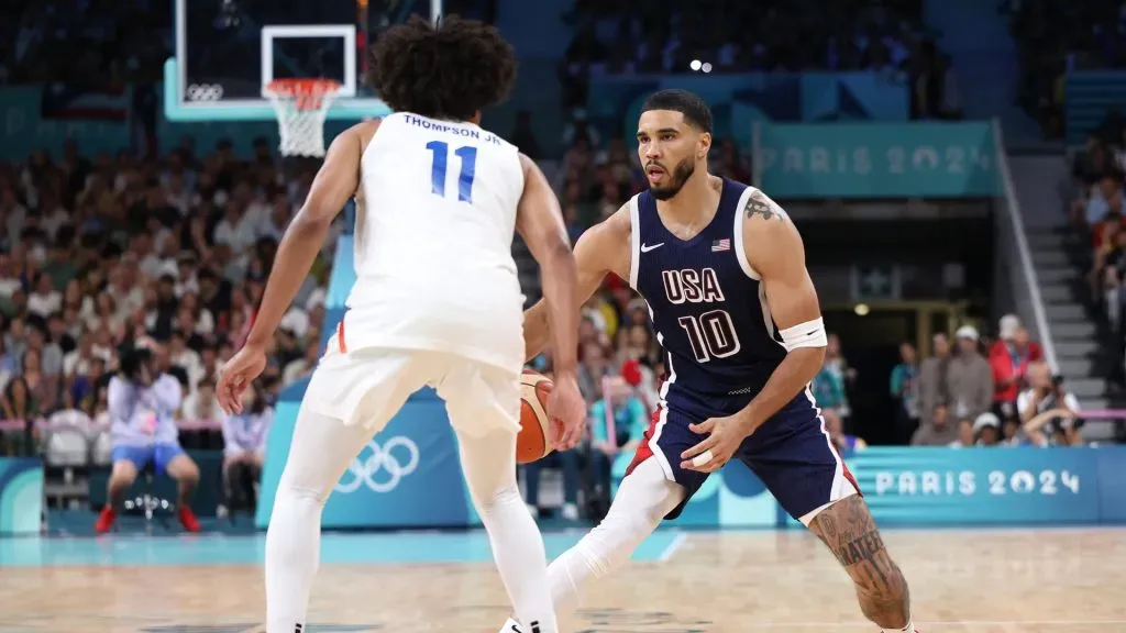 Jayson Tatum #10 of Team United States during a Men’s basketball group phase-group C game between the United States and Puerto Rico. Gregory Shamus/Getty Images