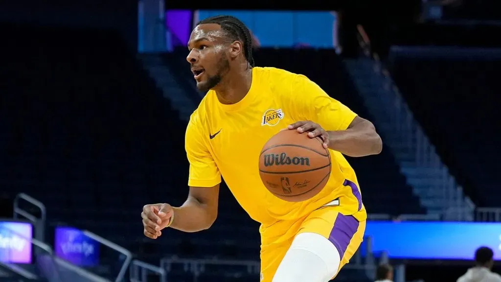 Bronny James Jr. #9 of the Los Angeles Lakers warms up prior to the start of the 2024 California Classic summer league game against the Sacramento Kings at Chase Center on July 06, 2024 in San Francisco, California.