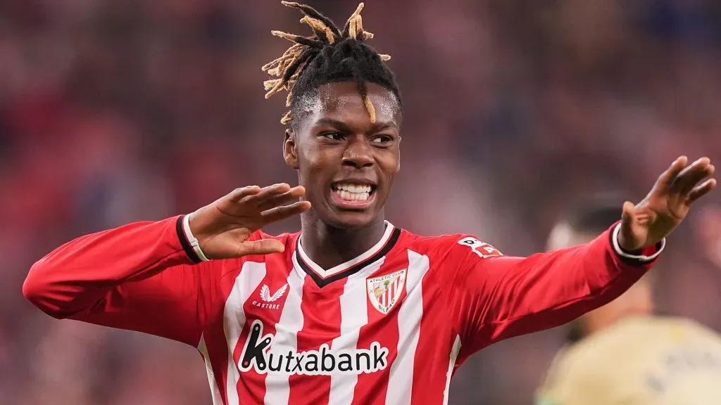 Nico Williams of Athletic Club reacts during the LaLiga EA Sports match between Athletic Bilbao and Granada CF at Estadio de San Mames on April 19, 2024 in Bilbao, Spain.