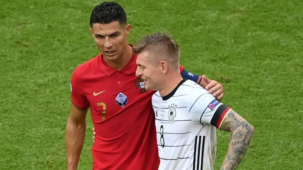 Cristiano Ronaldo of Portugal interacts with Toni Kroos of Germany after the UEFA Euro 2020 Championship Group F match between Portugal and Germany. Matthias Hangst/Getty Images