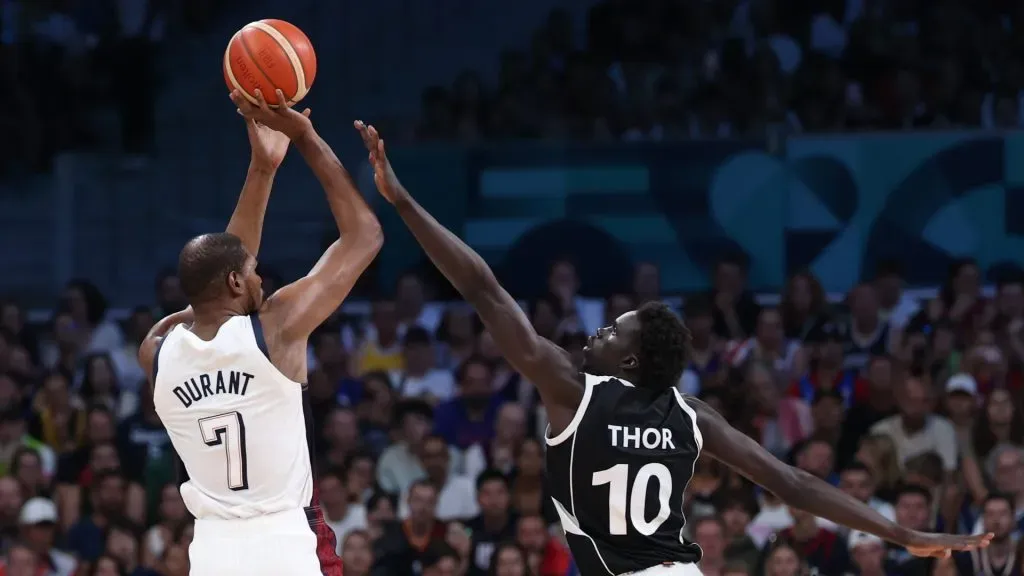 Kevin Durant #7 of Team United States shoots over Jt Thor #10 of Team South Sudan during a Men’s Group Phase – Group C game. Gregory Shamus/Getty Images