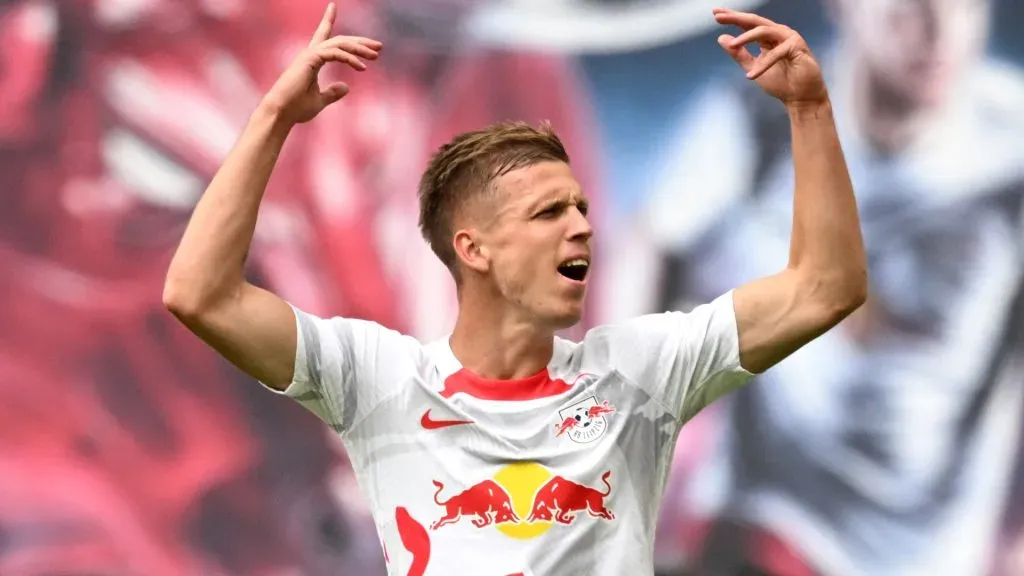 Dani Olmo of RB Leipzig reacts after a disallowed goal during the Bundesliga match between RB Leipzig and 1. FC Köln at Red Bull Arena on August 13, 2022 in Leipzig, Germany.