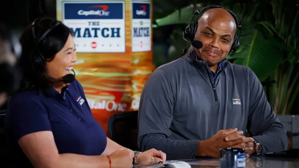 Commentators Christina Kim and Charles Barkley look on during Capital One’s The Match IX at The Park West Palm on February 26, 2024 in West Palm Beach, Florida. (Photo by Cliff Hawkins/Getty Images for The Match)