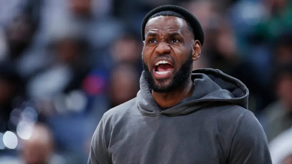 LeBron James of the Los Angeles Lakers reacts while watching son Bronny play with Sierra Canyon High School during the Ohio Scholastic Play-By-Play Classic against St. Vincent-St. Mary High School at Nationwide Arena on December 14, 2019 in Columbus, Ohio.