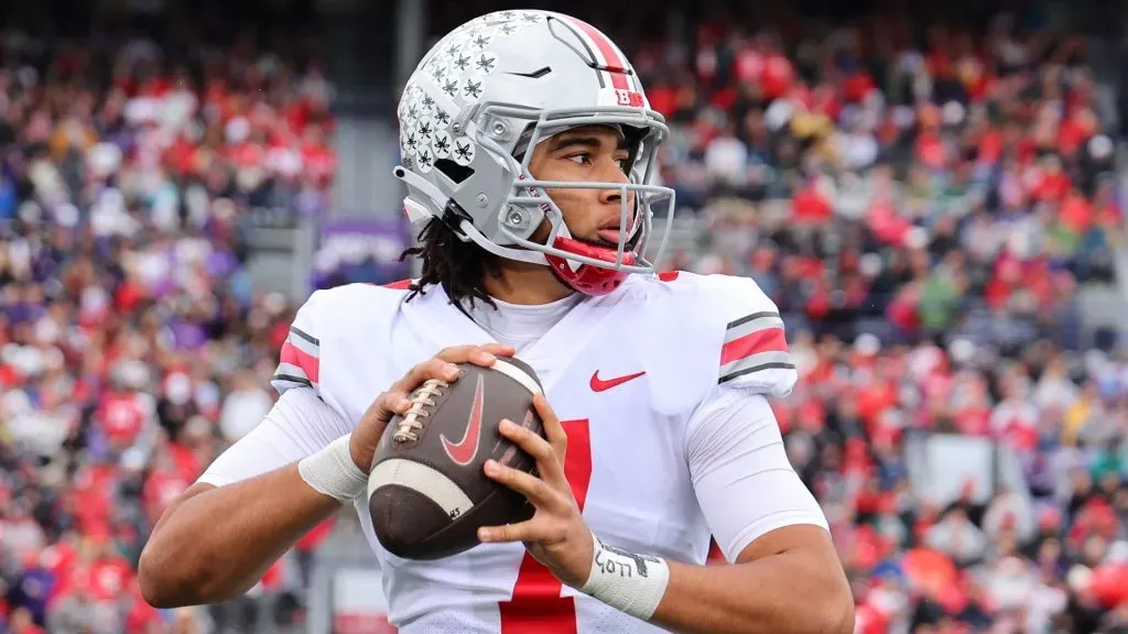 C.J. Stroud #7 of the Ohio State Buckeyes warms up against the Northwestern Wildcats during the second half at Ryan Field on November 05, 2022 in Evanston, Illinois.