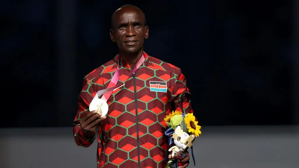 Gold medalist Eliud Kipchoge of Team Kenya poses during the medal ceremony for the Men’s Marathon Final during the Closing Ceremony of the Tokyo 2020 Olympic Games. Naomi Baker/Getty Images