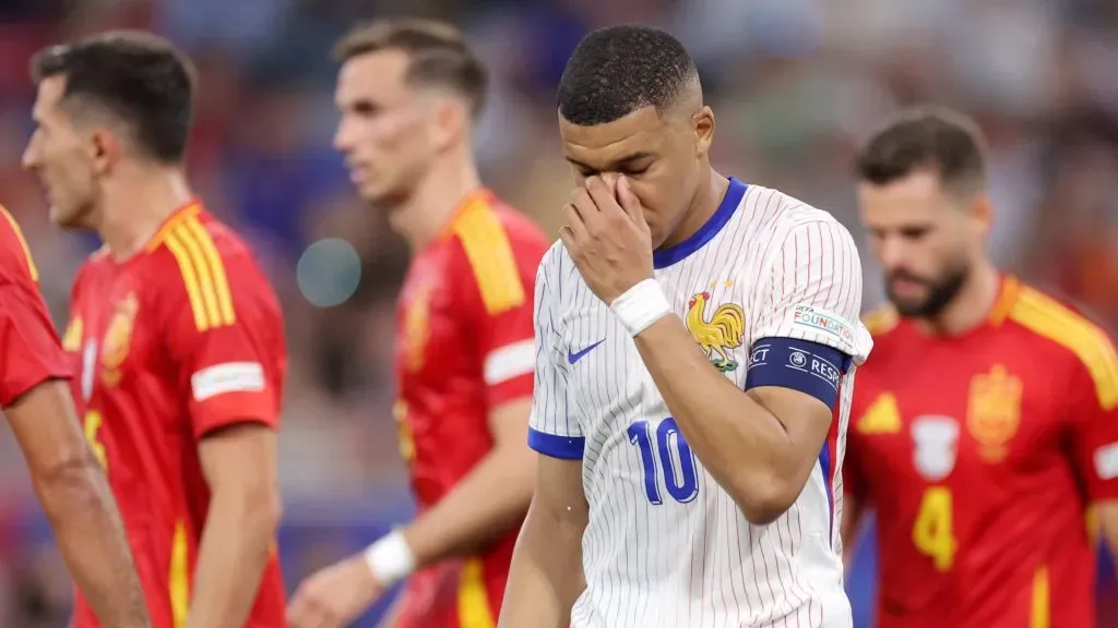 Kylian Mbappe of France looks dejected as he leaves the field after defeat to Spain during the UEFA EURO 2024 Semi-Final match between Spain and France at Munich Football Arena on July 09, 2024 in Munich, Germany. (Photo by Alex Livesey/Getty Images)