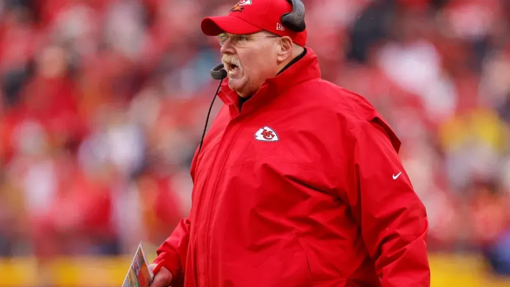 Head coach Andy Reid of the Kansas City Chiefs looks on against the Jacksonville Jaguars during the first quarter in the AFC Divisional Playoff game at Arrowhead Stadium on January 21, 2023 in Kansas City, Missouri.