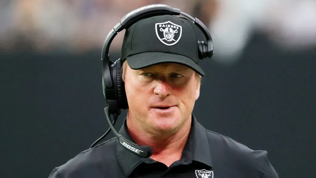 Head coach John Gruden of the Las Vegas Raiders reacts during the first half against the Chicago Bears at Allegiant Stadium on October 10, 2021 in Las Vegas, Nevada.