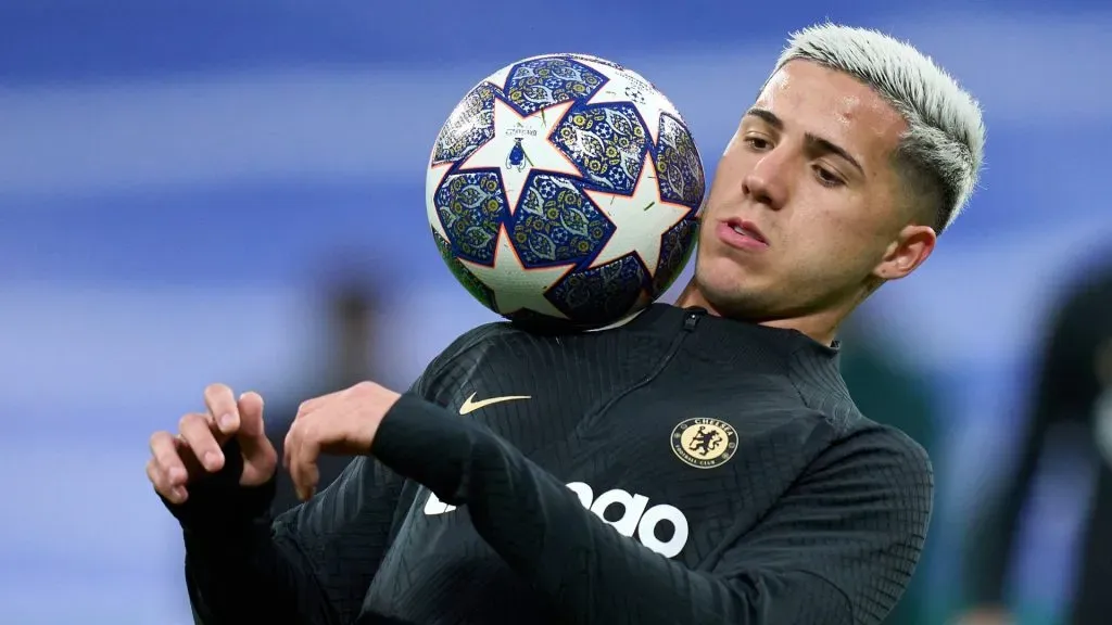 Enzo Fernandez of Chelsea FC warms up prior to the UEFA Champions League quarterfinal first leg match between Real Madrid and Chelsea FC at Estadio Santiago Bernabeu on April 12, 2023 in Madrid, Spain.