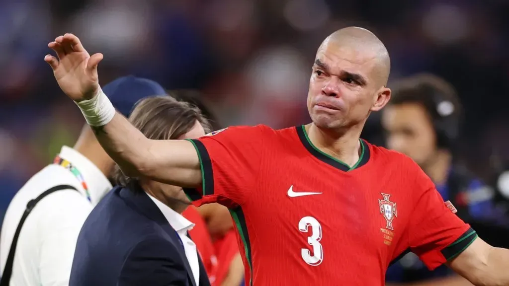 Pepe of Portugal acknowledges the fan after the team’s defeat and elimination from EURO 2024 in the during the UEFA EURO 2024 quarter-final match between Portugal and France at Volksparkstadion on July 05, 2024 in Hamburg, Germany. (Photo by Lars Baron/Getty Images)