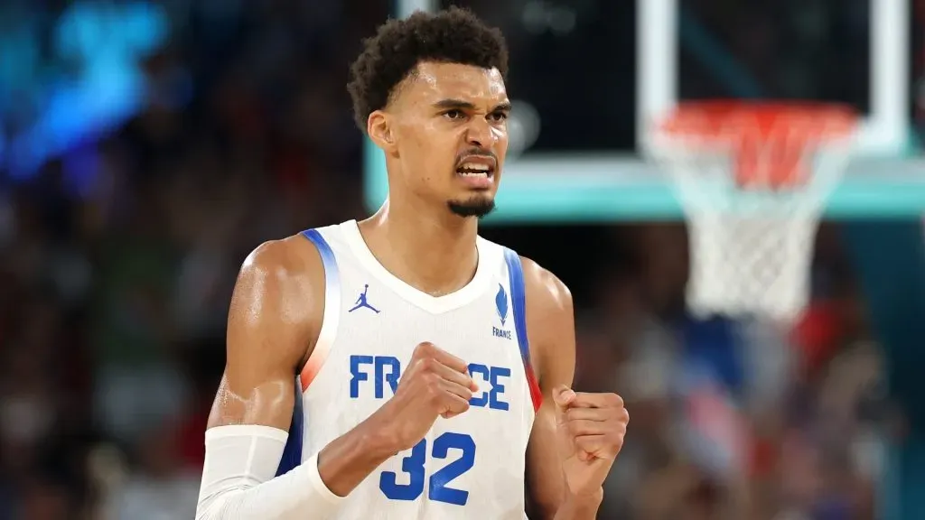 Victor Wembanyama #32 of Team France reacts during a Men’s basketball quarterfinal game between Team Canada and Team France on day eleven of the Olympic Games Paris 2024 at Bercy Arena on August 06, 2024 in Paris, France.