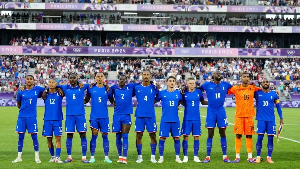 Players Team France line up prior to the Men’s Quarterfinal match between France and Argentina during the Olympic Games Paris 2024 at Nouveau Stade de Bordeaux on August 02, 2024 in Bordeaux, France. (Photo by Juan Manuel Serrano Arce/Getty Images)