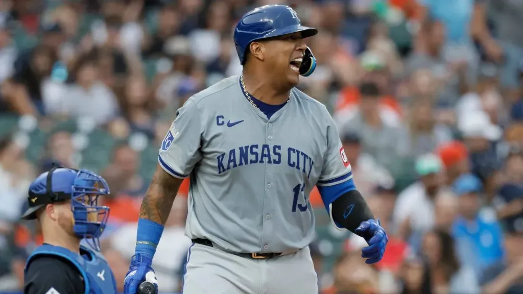 Salvador Perez #13 of the Kansas City Royals jokes with pitcher Tarik Skubal #29 of the Detroit Tigers after striking out during the sixth inning at Comerica Park on August 2, 2024 in Detroit, Michigan. (Photo by Duane Burleson/Getty Images)