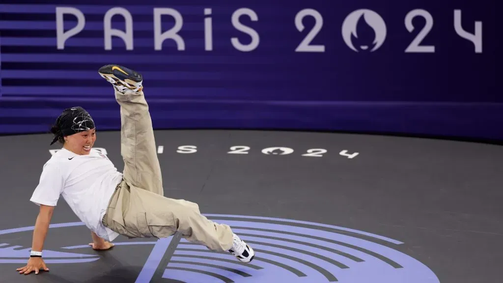 B-Girl Sunny of Team United States competes against B-Girl Vanessa of Team Portugal (not pictured) during the Breaking B-Girls Round Robin Group A on day fourteen of the Olympic Games Paris 2024 at Place de la Concorde on August 09, 2024 in Paris, France. (Photo by Ezra Shaw/Getty Images)