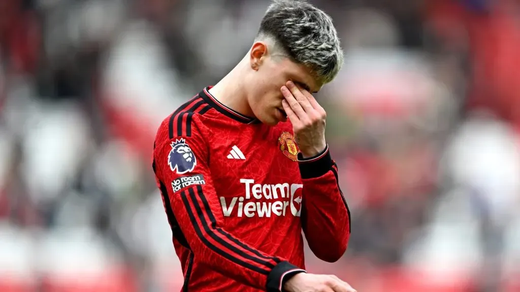 Alejandro Garnacho of Manchester United reacts after the Premier League match between Manchester United and Burnley FC at Old Trafford on April 27, 2024 in Manchester, England.