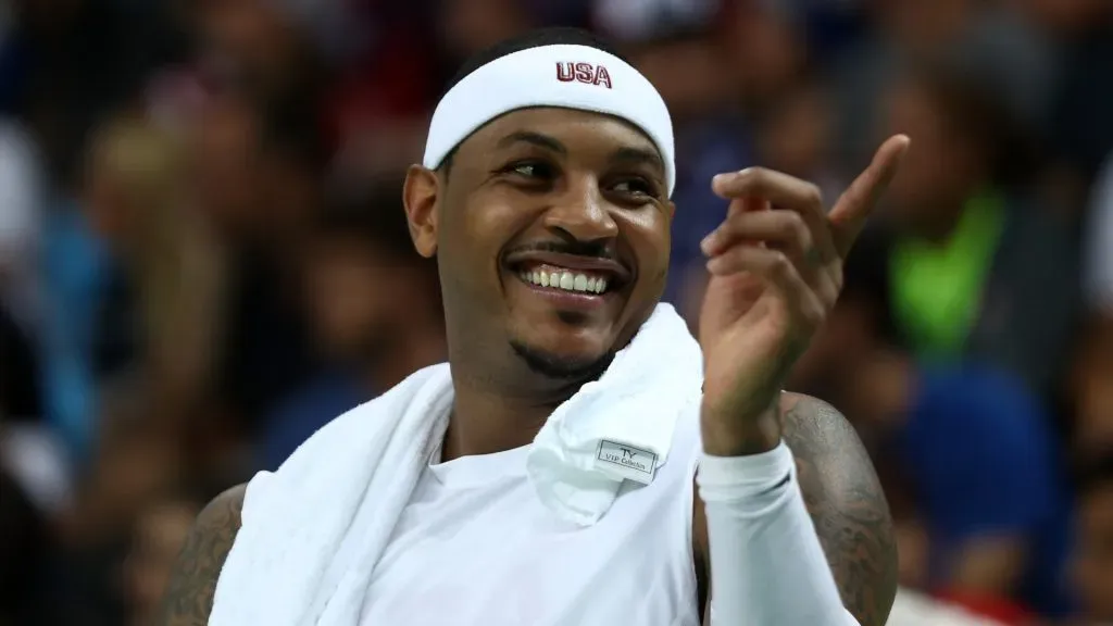 Carmelo Anthony #15 of United States reacts on the bench during the game agaisnt Venezuela in the men’s preliminary round group A game 19 on Day 3 of the Rio 2016 Olympic Games at the Carioca Arena 1 on August 8, 2016 in Rio de Janeiro, Brazil.