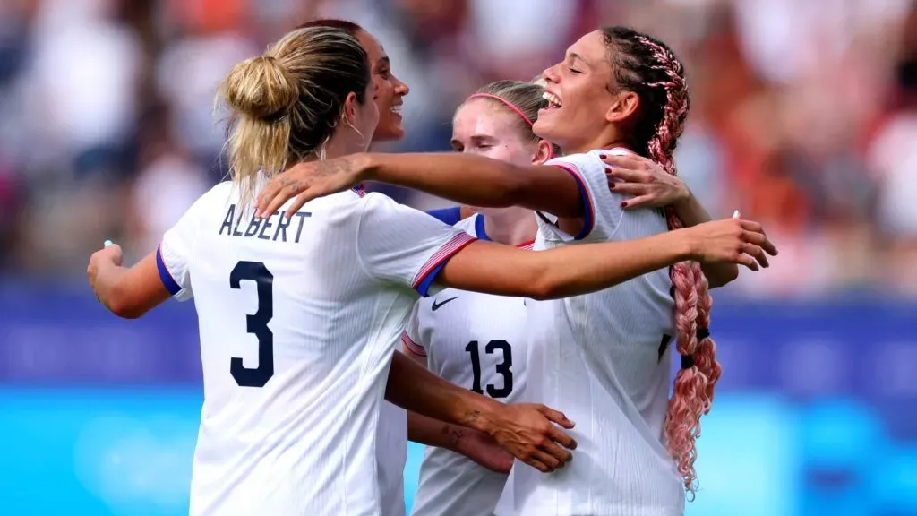 Trinity Rodman #5 of Team United States celebrates victory after the Women’s Quarterfinal match between United States and Japan during the Olympic Games Paris 2024 at Parc des Princes on August 03, 2024 in Paris, France. (Photo by Marc Atkins/Getty Images)