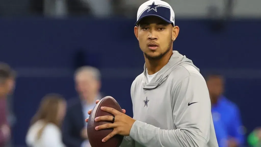 Trey Lance #15 of the Dallas Cowboys warms up prior to a game against the Los Angeles Rams at AT&T Stadium on October 29, 2023 in Arlington, Texas.