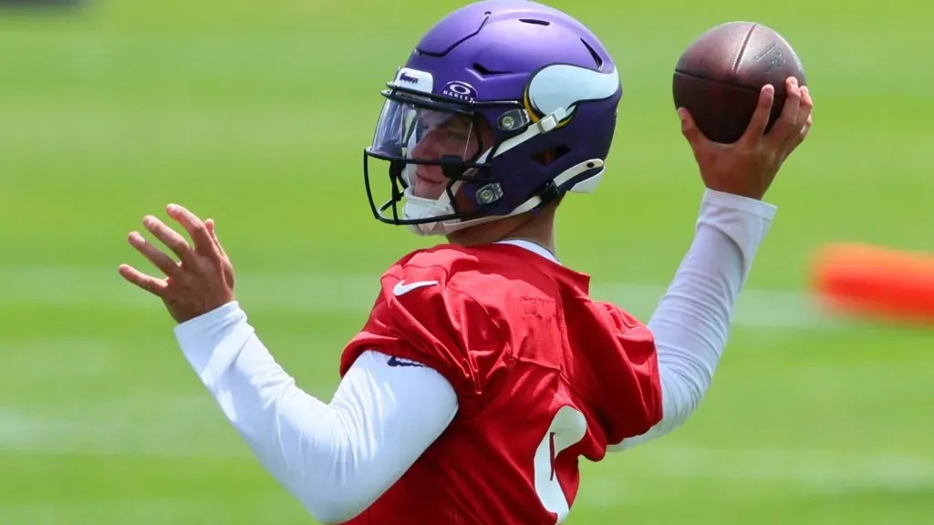 J.J. McCarthy #9 of the Minnesota Vikings throws the ball during Minnesota Vikings mandatory minicamp at Twin Cities Orthopedics Performance Center on June 04, 2024 in Eagan, Minnesota.