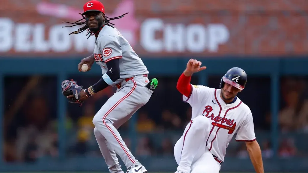 Matt Olson #28 of the Atlanta Braves is out at second as Elly De La Cruz #44 of the Cincinnati Reds looks to third during the second inning at Truist Park on July 22, 2024 in Atlanta, Georgia. (Photo by Todd Kirkland/Getty Images)